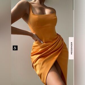 House of CB BIANCA TANGERINE SATIN PLEATED CORSET MIDI DRESS